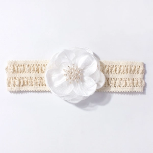 Détail du bandeau en dentelle pour bébé avec fleurs en tissu et perles sur élastique