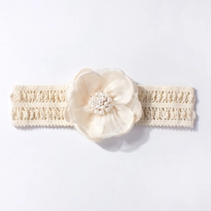 Détail du bandeau bébé montrant la maille, la fleur en dentelle 3D et les perles