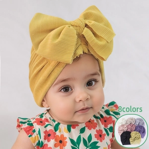 Mignon Bonnet Turban pour Bébé Avec Grand Noeud Bonnet en Polyester Côtelé Douce Turban de Couleur Unie pour Nouveau-né et Enfant 0-2 Ans