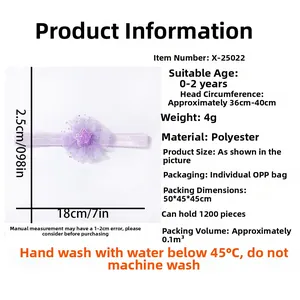 Detailed size chart for mesh baby headband with dimensions and washing instructions