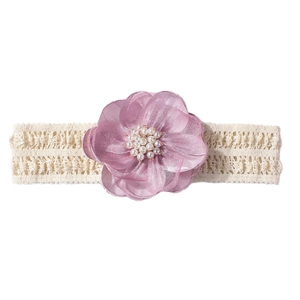 Bandeau élastique pour bébé en dentelle beige avec fleur en mousseline et perles