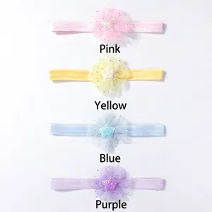 Detail of four-piece mesh flower baby headbands in pink, yellow, blue and purple
