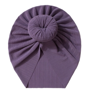 Dark purple bohemian baby turban hat with donut knot in ribbed breathable fabric