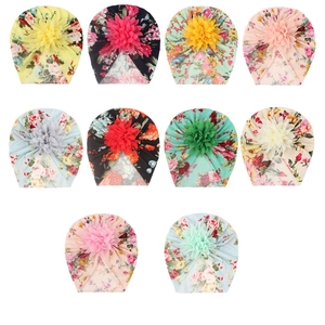 Set of 10 soft cotton baby turban hats with vibrant floral prints and large flower details
