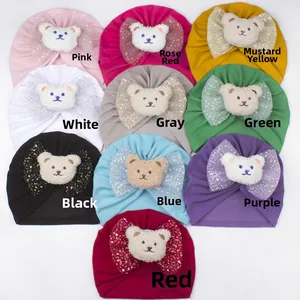 Bonnets pour bébé avec oreilles d'ours en peluche et nœuds pailletés en 10 couleurs