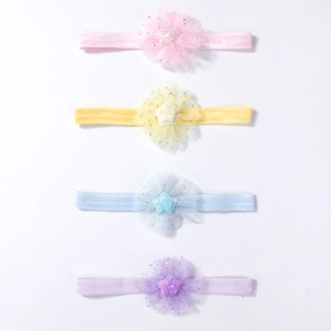 Set of 4 cute mesh flower baby headbands with sequin stars in pastel colors