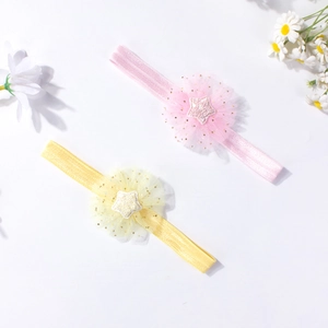 Cute mesh baby flower headbands with sparkling gold details in pink and yellow colors