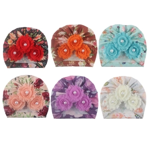 6-pack floral infant turban hats with soft breathable fabric and 3D flower pearl accents