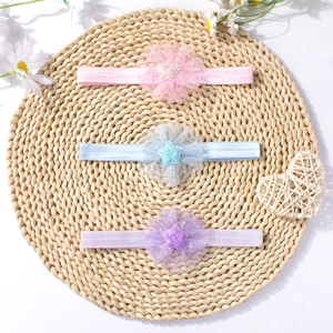 Three-piece set of cute elastic baby headbands with mesh star flowers in pink blue purple