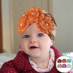 Baby Turban Hat Floral Print Infant Beanie With 3 Fabric Flowers And Faux Artificial Pearls Soft Breathable Toddler Headwrap