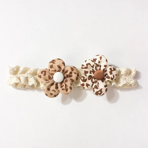 Breathable lace baby headband with handmade leopard print fabric flowers and buttons