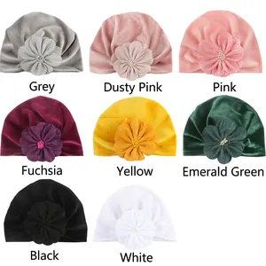 Eight colors of velvet baby turban hats with large 3D flowers and pearl accents
