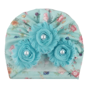 Cute infant floral beanie in turquoise with 3D fabric flowers and pearl accents