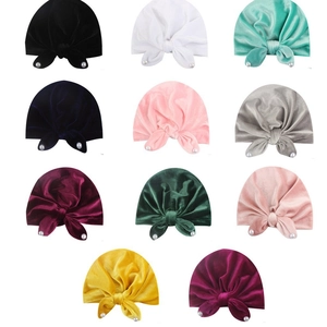Velvet baby turban hats with bow and pearls in eleven colors for infants and toddlers