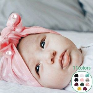 Soft Velvet Baby Turban Hat With Large Bow Knot Artificial Pearl Beanie Cap For Newborn Infant Toddler Girls Warm Elastic Headwrap