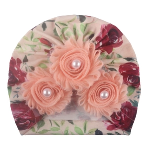 Breathable cotton baby turban hat with floral print and pink mesh flower decorations