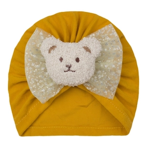 Bonnet turban jaune pour bébé avec oreilles d'ours en peluche et nœud pailleté
