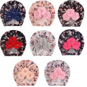Lot de bonnets turban à fleurs avec fleurs en mousseline et perles pour bébé