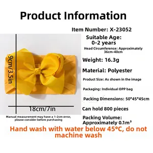 Detailed size chart for yellow infant bow headband suitable for 0-2 years old girls
