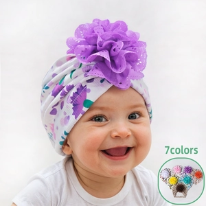 Bonnet Turban pour Bébé à Imprimé Floral Avec Grande Fleur en Dentelle Bonnet Extensible en Tricot pour Fillettes