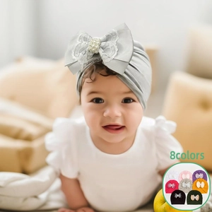 Baby Girl Turban Hat With Large Bow Lace Artificial Pearl Decor Soft Satin Ribbon Indian Beanie Warm Pullover Hat For Infant Toddler