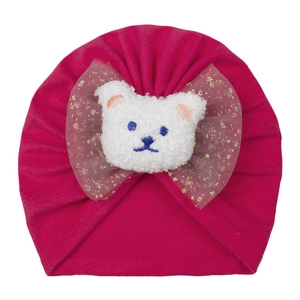 Cute baby turban hat in rose red with large golden dot bow and plush bear decoration