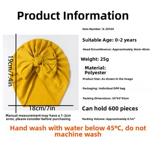 Detailed size specifications for ginger baby turban hat with a bow, fitting 0-2 year olds