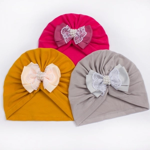 Baby turban hat with bow, lace and pearls in rose red, yellow and light grey