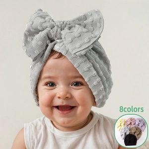 Infant Baby Turban Hat With Big Bow Jacquard Textured Soft Breathable Beanie For Newborn Toddler Girls Headwrap Headband