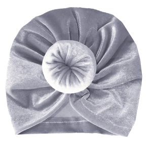 Elegant grey velvet baby turban hat with a stylish donut knot for warm autumn and winter wear