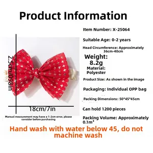 Détail macro du bandeau à nœud rouge étoilé avec dimensions pour bébés filles