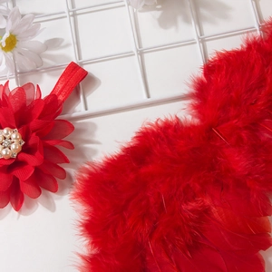 Détail d'ailes en plumes rouges pour bébé et bandeau à fleurs assorti avec des perles