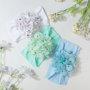 Lot de 3 bandeaux élastiques pour bébé avec fleurs en maille dorée en blanc, vert et bleu