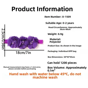 Specifiche dettagliate della fascia per neonati in chiffon viola con misure e materiali