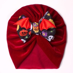 Bonnet turban bébé Halloween en velours rouge avec imprimés citrouille et ailes de chauve-souris