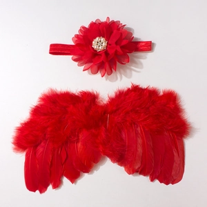 Détails des ailes en plumes rouges et bandeau floral pour accessoire photo bébé