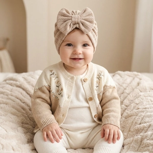 Detail of baby knit hat with herringbone texture and a large soft decorative bow