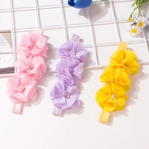 Set di 3 fasce per neonati con fiori di chiffon, perle e strass luccicanti