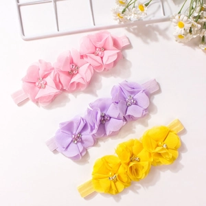 Set di 3 fasce per capelli neonata con fiori in chiffon, perle e strass rosa e gialli