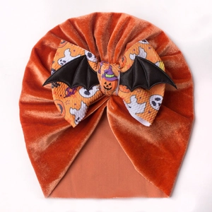 Bonnet turban bébé Halloween en velours orange avec ailes de chauve-souris et citrouille