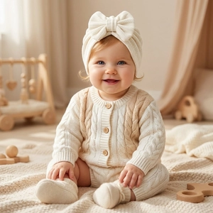 Detailed knit texture of newborn set with large bow hat and wood buttons cardigan