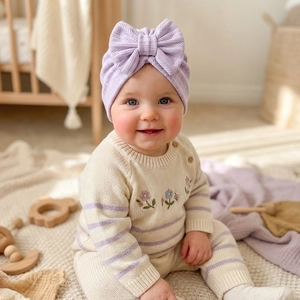 Close-up of baby girl wearing soft purple ribbed knit turban hat with large bow detail