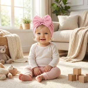 Detail of pink ribbed knit baby turban hat with oversized bow on infant model