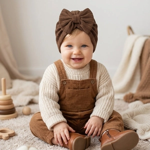 Baby brown ribbed knot beanie with bow paired with autumn corduroy overalls and boots