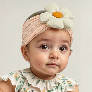 Gros plan d'un bébé portant un bandeau tricoté rose clair avec une grande fleur 3D