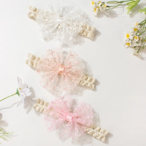 Set of 3 elegant lace bow headbands for infant girls in white and soft pink colors