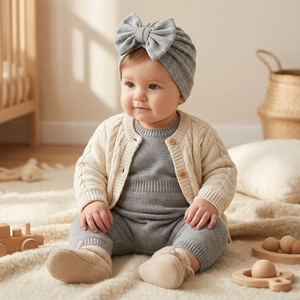 Detailed set of knit baby clothing with grey bow turban, cardigan, romper and soft shoes