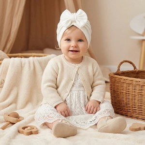 Detail of baby knit cardigan and lace dress with a soft white textured bow headband