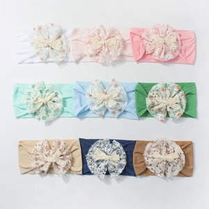 Set of 9 soft nylon baby headbands with vintage floral lace bows for infants