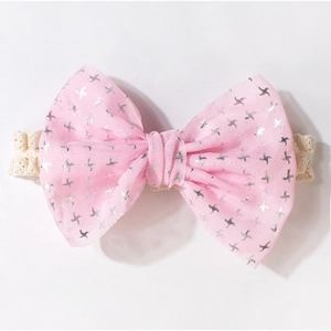 Bandeau bébé avec nœud rose à motifs d'étoiles argentées et dentelle douce